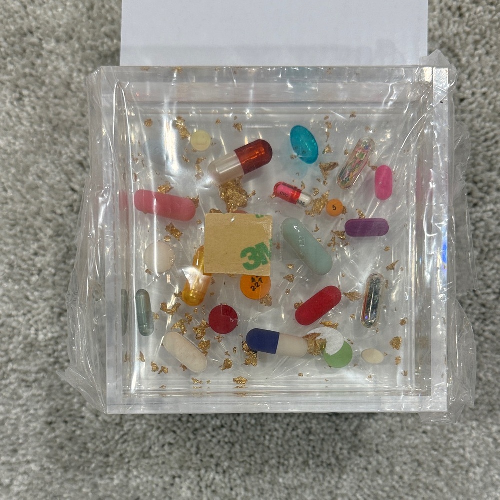 Stephanie Roberts 4x4” Clear Lucite Catchall Tray, gold leaf and pill